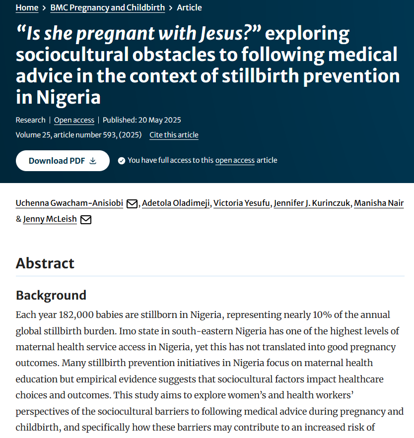 UGwacham's tweet photo. 🚨New open-access publication in BMC Pregnancy and Childbirth!

“Is she pregnant with Jesus?” exploring sociocultural obstacles to following medical advice in the context of stillbirth prevention in Nigeria
🔗 Read: https://t.co/NB3avED730
#MaternalHealth #Stillbirth #Prevention https://t.co/79DCa85ScX