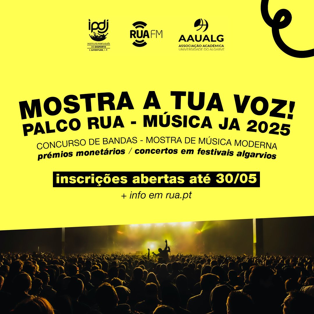 ‼️Inscrições para o Palco RUA - Música JA 2025 abertas até 30 de maio!
👉 Já te podes candidatar com o teu projeto musical e ser um dos 8 selecionados para esta mostra de música moderna.
🔗 O regulamento está disponível em rua.pt.