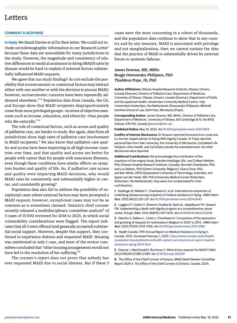 James Downar (@jamesdownar) on Twitter photo And our reply. There's a *lot* of data. All of it contradicts the idea that #MAID is driven to any substantial degree by structural marginalization, poor access/quality of palliative care. Quite the opposite appears to be true. Ask yourself why.
<a href="/ThaddeusPope/">Thaddeus Mason Pope, JD, PhD, HEC-C</a> <a href="/kesleeman/">Prof Katherine Sleeman</a> And our reply. There's a *lot* of data. All of it contradicts the idea that #MAID is driven to any substantial degree by structural marginalization, poor access/quality of palliative care. Quite the opposite appears to be true. Ask yourself why.
<a href="/ThaddeusPope/">Thaddeus Mason Pope, JD, PhD, HEC-C</a> <a href="/kesleeman/">Prof Katherine Sleeman</a>