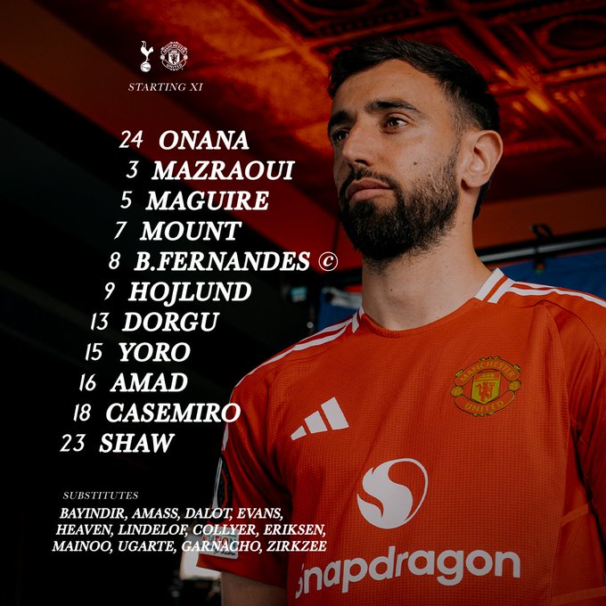 MUnitedFR's tweet photo. Le XI pour la finale :
Onana
Yoro, Maguire, Shaw
Mazraoui, Casemiro, Fernandes (c), Dorgu
Amad, Mount
Hojlund
#MUFC https://t.co/XbvDsxgcdx