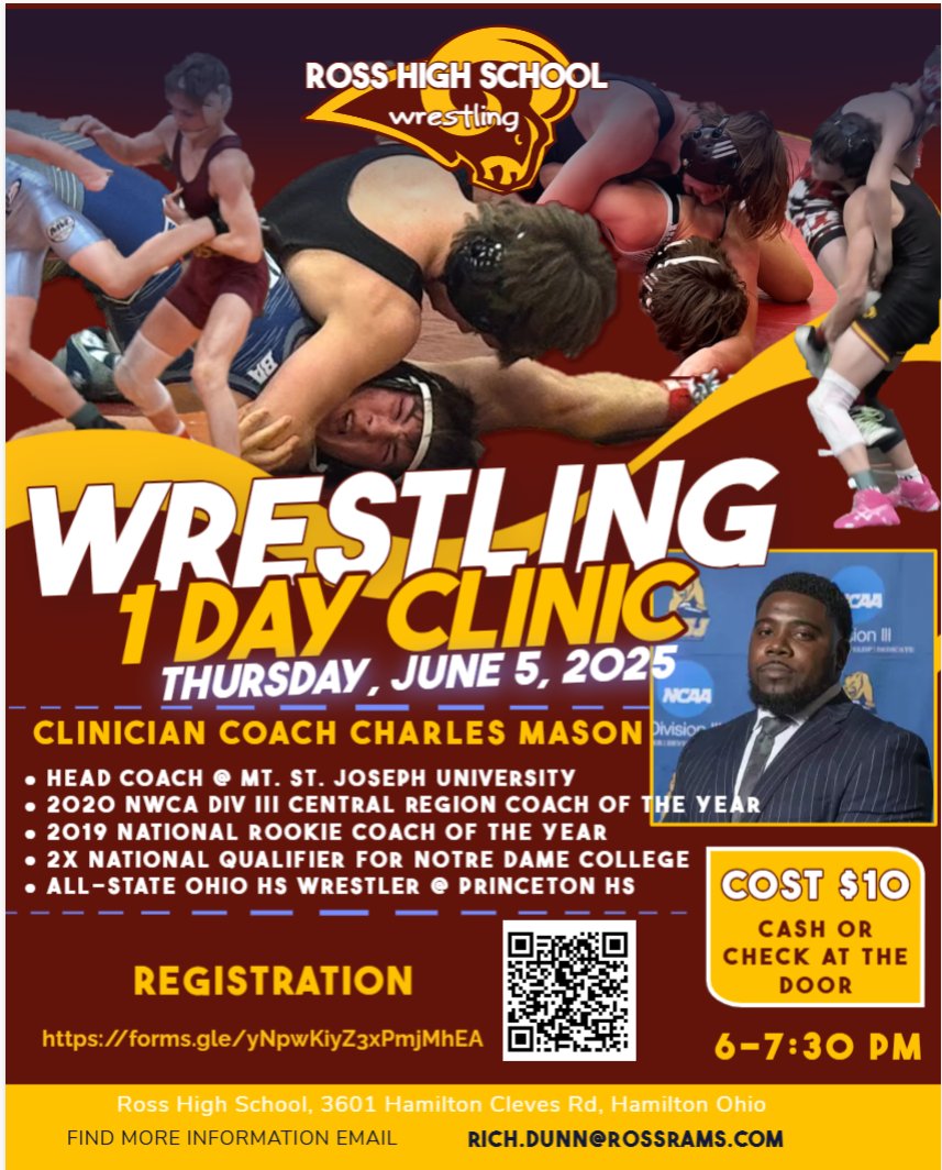 Rich Dunn (@rdunn1001) on Twitter photo RHS Wrestling Camp Session #1 for 7-12 grade
June 5, 6-7:30pm $10 Cash/Check
Clinician: Coach Mason of Mt St Joe
2020 NWCA Div III Central Region Coach of the Year
2x National Qualifier Notre Dame College
Register: forms.gle/yNpwKiyZ3xPmjM…
<a href="/RossWrestling/">Ross Rams Wrestling</a> <a href="/WinTheDay_RRFB/">Coach Commins</a> RHS Wrestling Camp Session #1 for 7-12 grade
June 5, 6-7:30pm $10 Cash/Check
Clinician: Coach Mason of Mt St Joe
2020 NWCA Div III Central Region Coach of the Year
2x National Qualifier Notre Dame College
Register: forms.gle/yNpwKiyZ3xPmjM…
<a href="/RossWrestling/">Ross Rams Wrestling</a> <a href="/WinTheDay_RRFB/">Coach Commins</a>