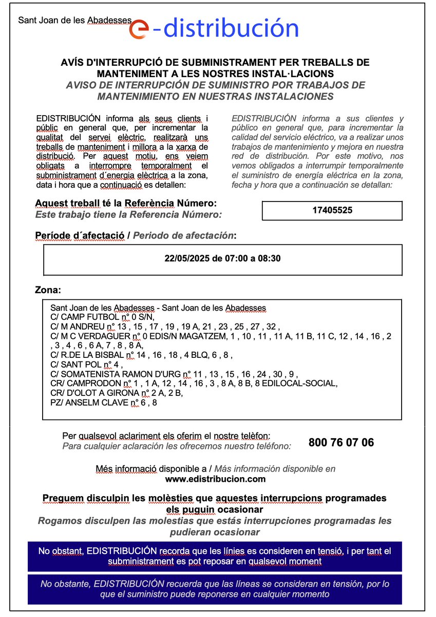 🔌⚡ AVÍS D'INTERRUPCIÓ de subministrament a clients amb E-distribución.

L'afectació prevista és per al dijous 22 de maig, en dues franges diferents.

Consulteu les imatges per a més informació #StJoanAb