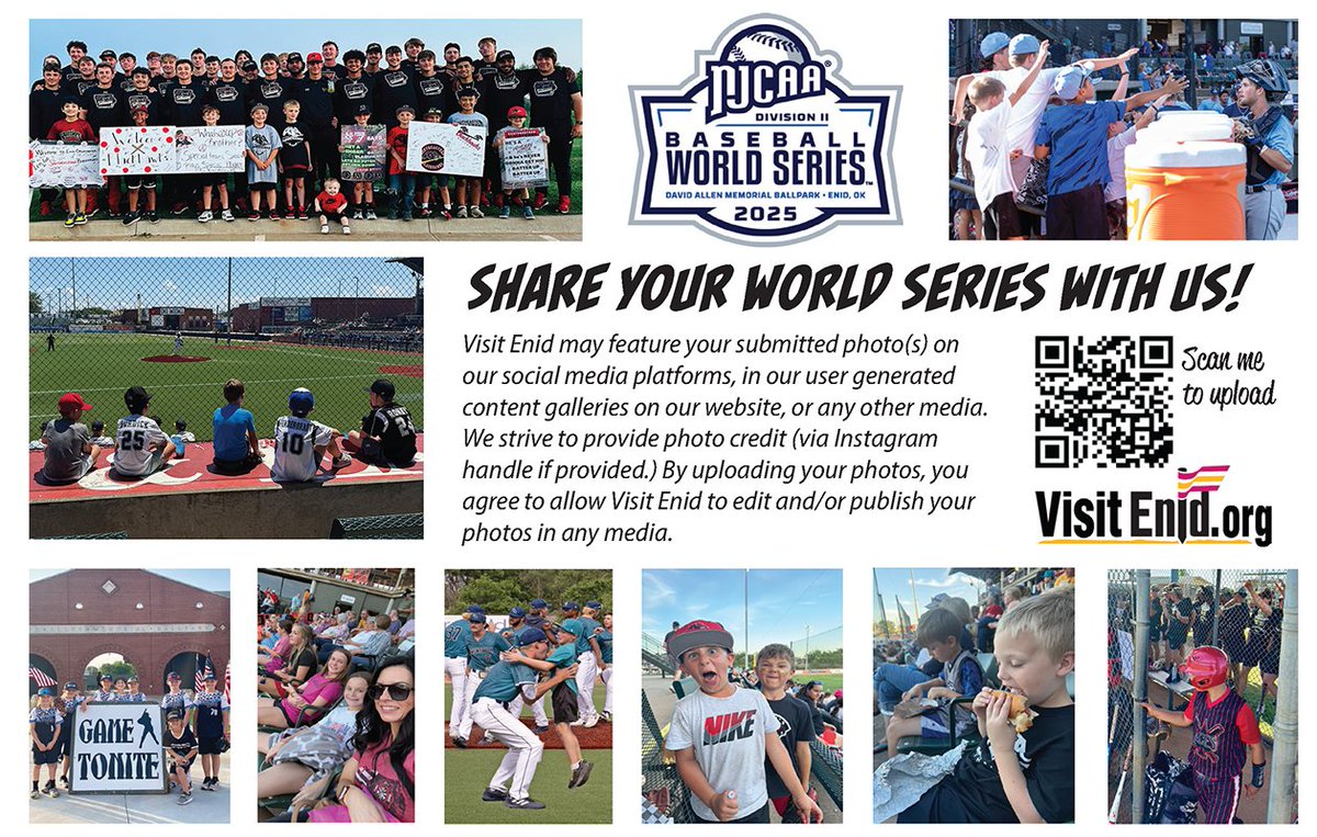 VisitEnid's tweet photo. @ECCCBaseball Welcome back to Enid @ECCCBaseball! Fans coming to Enid could see their World Series photos posted on the David Allen Memorial Ballpark scoreboard throughout the Series. Scan the QR code to submit. https://t.co/JUwdNK64ks