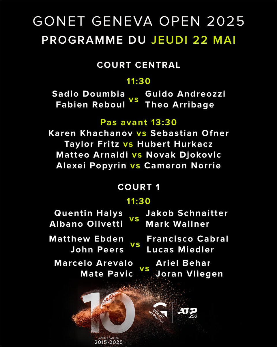 𝐏𝐫𝐨𝐠𝐫𝐚𝐦𝐦𝐞 𝐝𝐞 𝐝𝐞𝐦𝐚𝐢𝐧 🔥🎾

#gonetgenevaopen #atpgva #orderofplay #programmedujour #atp #tennistv #atptour #geneva #geneve #suisse #switzerland #genevaevent #tennis #welovetennis #tennislove #tennisfan #tennislife #tennistime