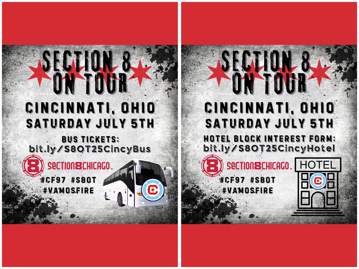 CF97 Travel Info & Tips (@cf97travel) on Twitter photo #cf97 fans: Join <a href="/Section8Chicago/">Section 8 Chicago</a> for a July 5 trip to <a href="/TQLStadium/">TQL Stadium</a> 🏟️ for <a href="/fccincinnati/">FC Cincinnati</a> vs <a href="/ChicagoFire/">Chicago Fire FC</a>!
🚌 Roundtrip charter bus tickets 🎫 from Chicago: 🔗 bit.ly/S8OT25CincyBus
🏨 Optional hotel block info ℹ️: 🔗 bit.ly/S8OT25CincyHot…
#vamosfire #S8OT #cf97 fans: Join <a href="/Section8Chicago/">Section 8 Chicago</a> for a July 5 trip to <a href="/TQLStadium/">TQL Stadium</a> 🏟️ for <a href="/fccincinnati/">FC Cincinnati</a> vs <a href="/ChicagoFire/">Chicago Fire FC</a>!
🚌 Roundtrip charter bus tickets 🎫 from Chicago: 🔗 bit.ly/S8OT25CincyBus
🏨 Optional hotel block info ℹ️: 🔗 bit.ly/S8OT25CincyHot…
#vamosfire #S8OT