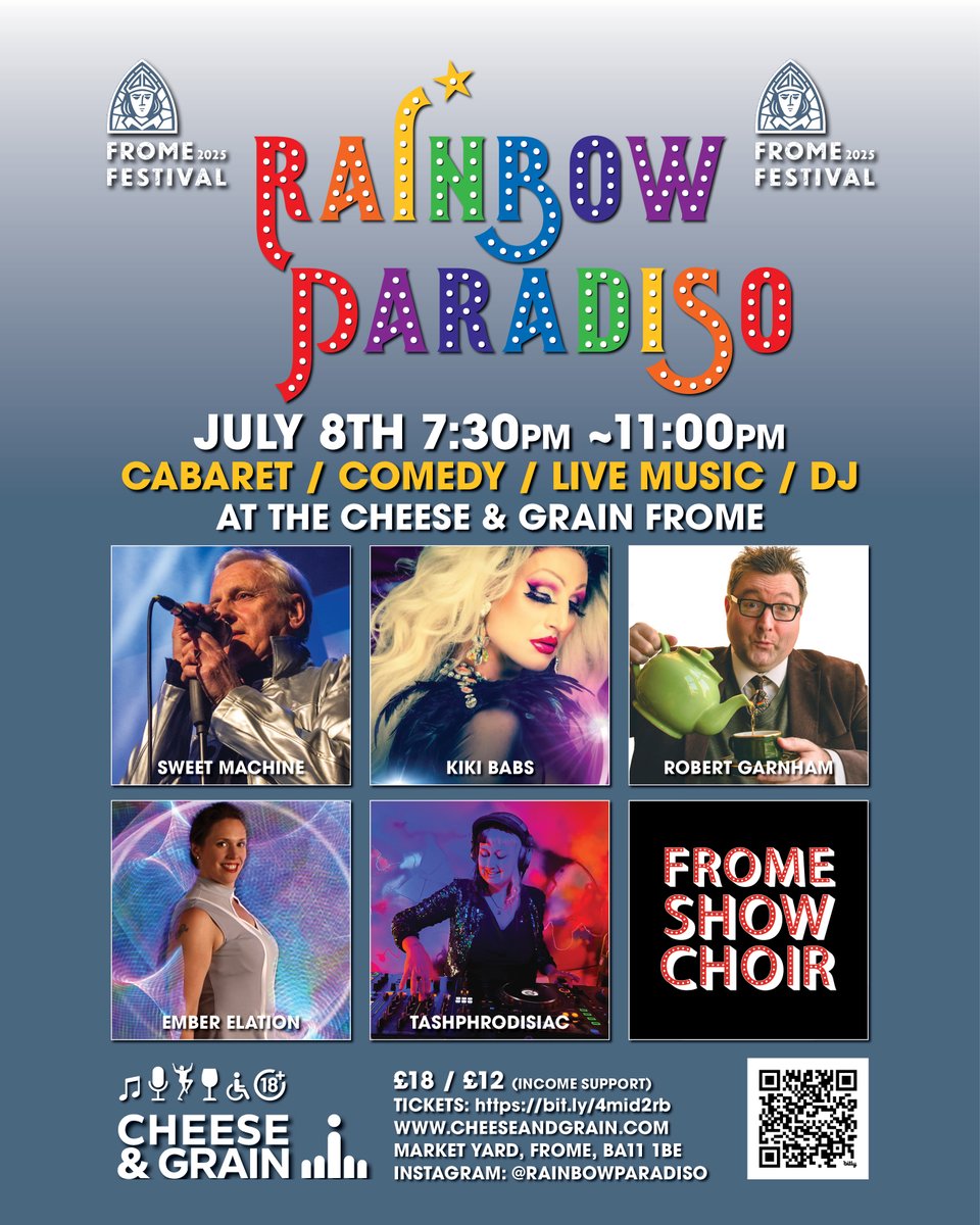 We're back at Rainbow Paradiso <a href="/Frome_Festival/">Frome Festival</a> July 8th <a href="/cheeseandgrain/">Cheese and Grain</a> with Kiki Babs, Robert Garnham, Tashphrodisiac,  Frome Show Choir  &amp; Ember Elation!
£18 / £12 (Income Support) TICKETS ON SALE NOW AT: 
bit.ly/4mid2rb
cheeseandgrain.com
MARKET YARD, BA11 1BE
