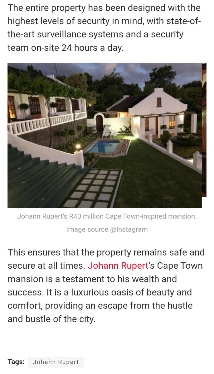 CitizenScoopX's tweet photo. Johan Rupert:
"...I sleep with my doors unlocked at night..."
- - - - - - - - - - - - - - - - - - - - - -

"The entire property has been designed with the highest levels of security in mind, with state-of-the-art surveillance systems and a security team on-site 24 hours a day. This ensures that the property remains safe and secure at all times."

https://t.co/MM6jMMyNKS