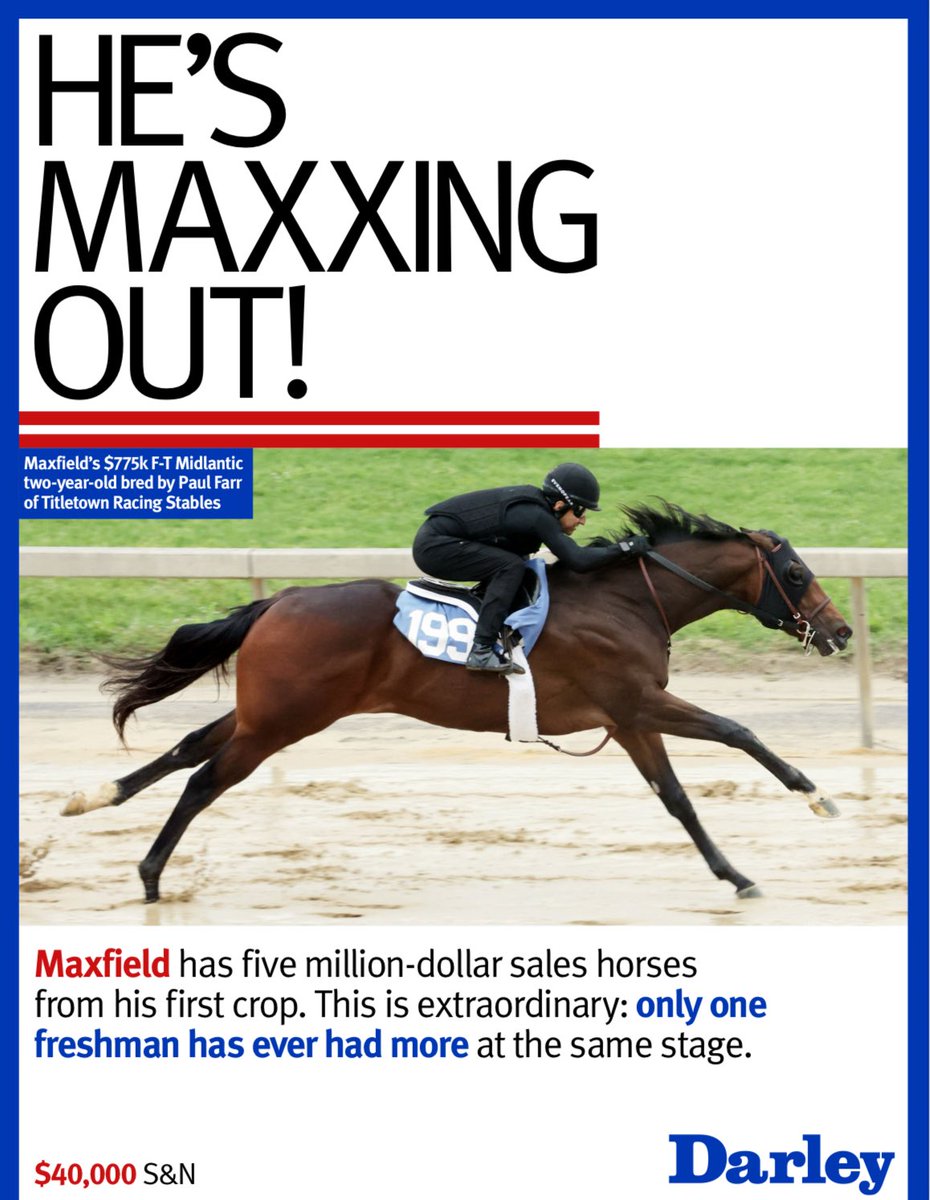 TDN (@thetdn) on Twitter photo 💨 MAXFIELD, standing at <a href="/DarleyAmerica/">Darley in America</a>, has five million-dollar sales horses from his first crop.
This is extraordinary: only one freshman has ever had more at the same stage. 💨 MAXFIELD, standing at <a href="/DarleyAmerica/">Darley in America</a>, has five million-dollar sales horses from his first crop.
This is extraordinary: only one freshman has ever had more at the same stage.