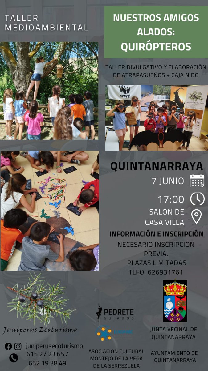 Quintanarraya's tweet image. 🦇 ¡Apúntate al Taller Medioambiental sobre murciélagos en #Quintanarraya!
📅 7 de junio | 🕔 17:00 h
🎨 Aprende, crea tu atrapasueños y construye una caja nido.
📲 ¡Plazas limitadas! Info: 626 931 761
#Naturaleza #Ecoturismo #MedioAmbiente

Más info en quintanarraya.es/event/taller-m…
