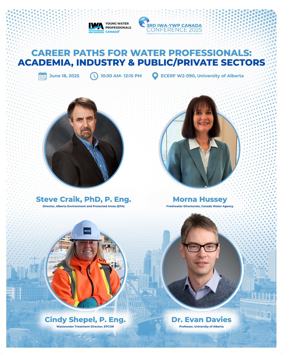 Curious about where a career in water can take you? 🚰

Join us for the panel discussion “Career Paths for Water Professionals: Academia, Industry &amp; Public/Private Sectors”!

📍 Learn more about their work and connect with them on LinkedIn: iwa-ywp.ca/panel-discussi…

#WaterCareer