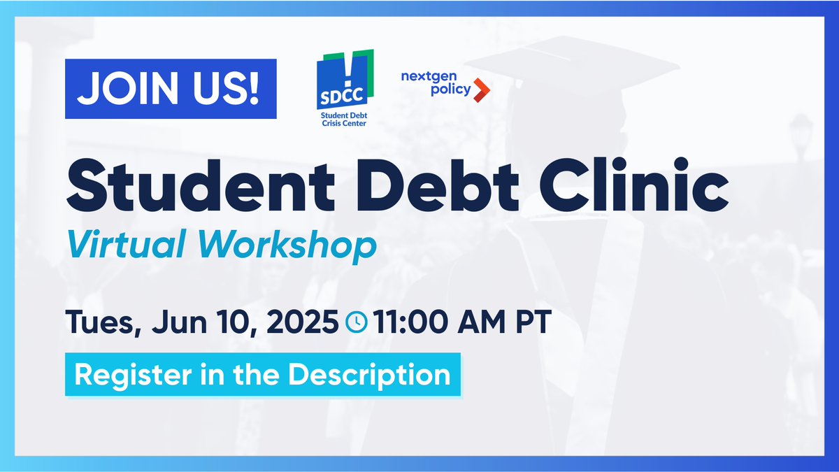 NextGen Policy (@nextgen_policy) on Twitter photo Student loan borrowers, mark your calendars! 🎓📅
Join us & <a href="/DebtCrisisOrg/">Student Debt Crisis Center (SDCC)</a> for a webinar on Tues, June 10th at 11 AM PT to address federal student loan repayment programs, upcoming changes & get real answers from experts!
➡️Register: us02web.zoom.us/webinar/regist… Student loan borrowers, mark your calendars! 🎓📅
Join us & <a href="/DebtCrisisOrg/">Student Debt Crisis Center (SDCC)</a> for a webinar on Tues, June 10th at 11 AM PT to address federal student loan repayment programs, upcoming changes & get real answers from experts!
➡️Register: us02web.zoom.us/webinar/regist…