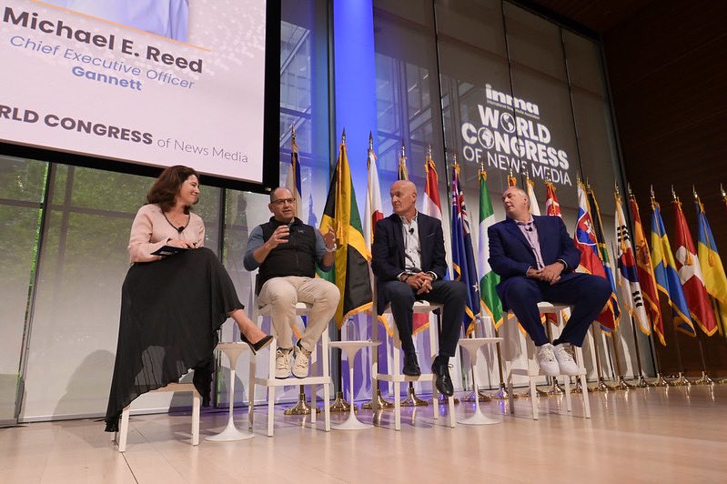INMAorg's tweet photo. @jodiehop speaks with @tonywhunter (@mcclatchy), @morsea (@ajc) and Michael Reed (@Gannett ) about the future of local news.

Being able to adapt, pivot, and embrace new technologies in news making will be key 🔑 

#INMA2025 https://t.co/bnh2YV1ZDY