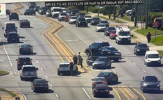 Crash blocking multiple lanes in both directions on the intersection of Austell Rd and Hurt Rd, slowing traffic down at the intersection. #ATLTraffic