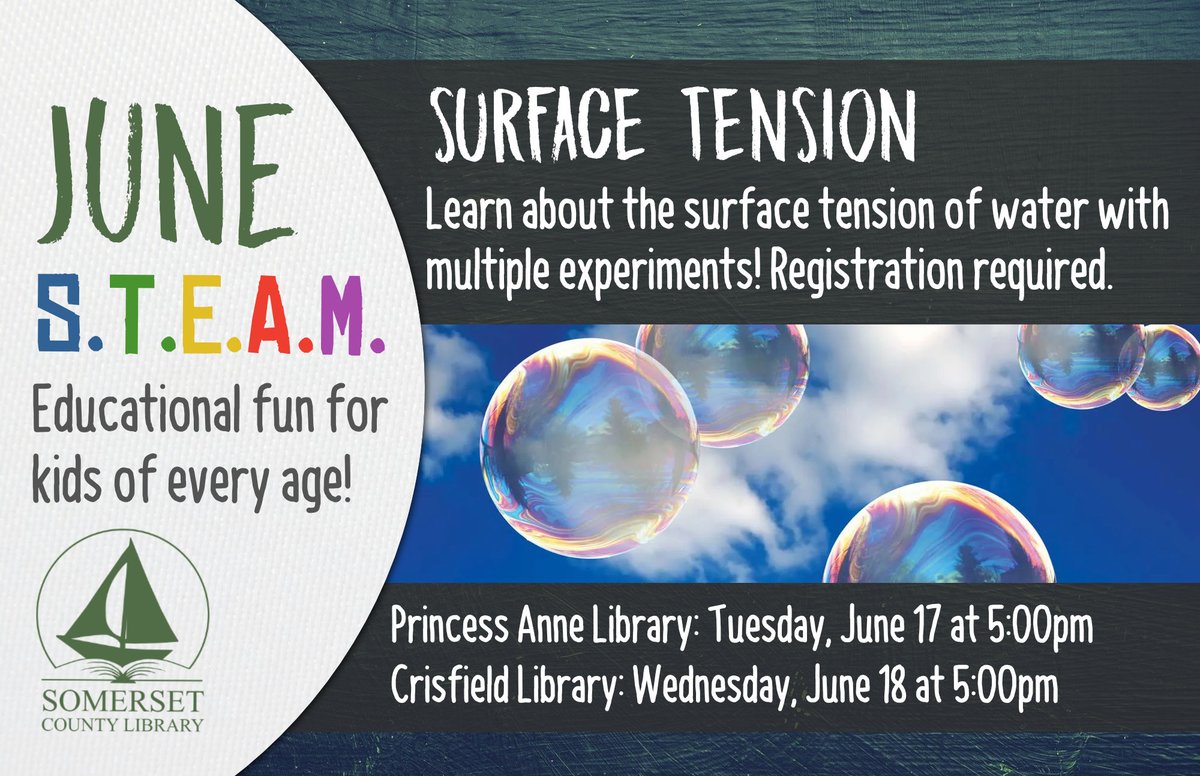 SomersetCounty1's tweet image. 💥A fun way to discover how surface tension works! For kids of all ages, registration required, call or stop by to sign up. ⚙️
Crisfield Library: 410-968-0955
Princess Anne: 410-651-0852
#stem #librarystem