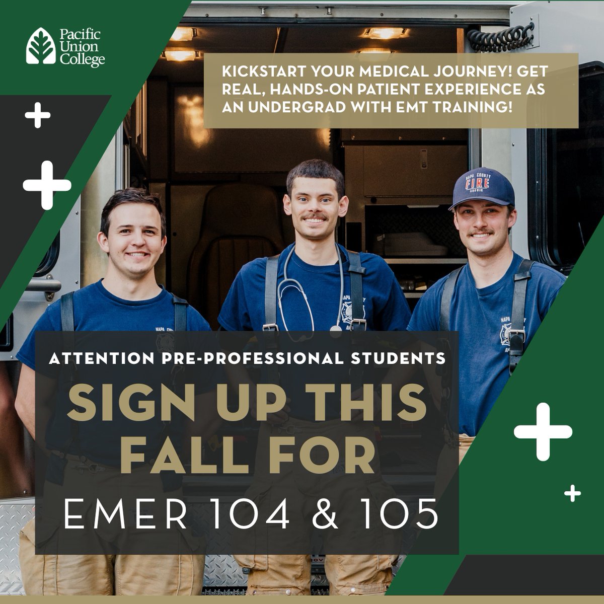 PUCNow's tweet photo. 🚨 Attention Pre-Professional Students 🚨

📚 Kickstart your medical journey—enroll in EMER 104 &amp; 105 this Fall! Get real, hands-on patient experience as an undergrad w/ EMT training!

#PreMed #EMTTraining #FutureHealthcareHeroes #HandsOnExperience #PUCNow #EMS #LearnWithPurpose https://t.co/0Pfa4lGfS0