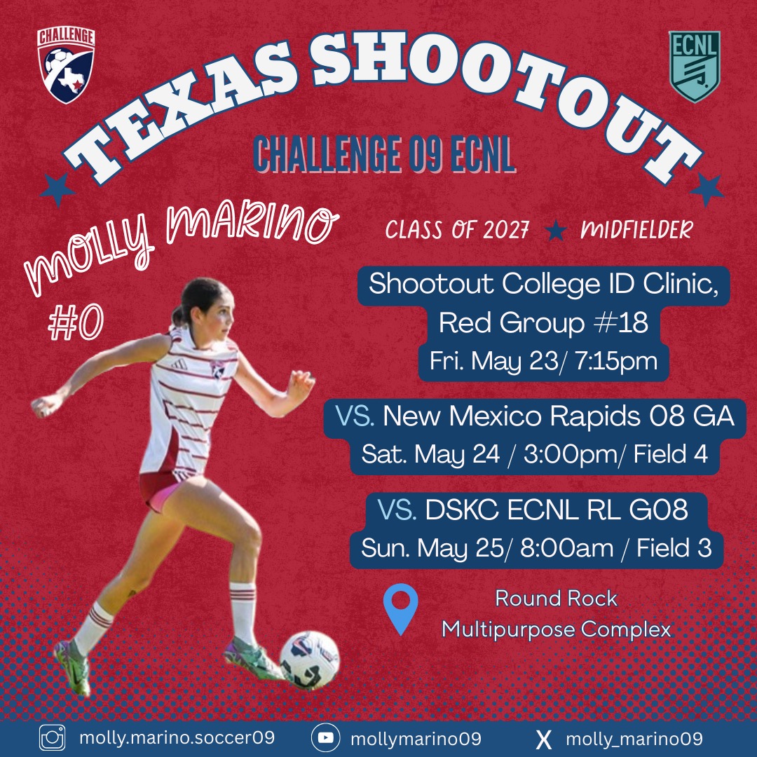 Molly Marino (@molly_marino09) on Twitter photo Heading to the Texas Shootout this weekend! Come watch me and my <a href="/Challenge09ECNL/">Challenge 09 ECNL</a> teammates play.⚽️💯 Heading to the Texas Shootout this weekend! Come watch me and my <a href="/Challenge09ECNL/">Challenge 09 ECNL</a> teammates play.⚽️💯