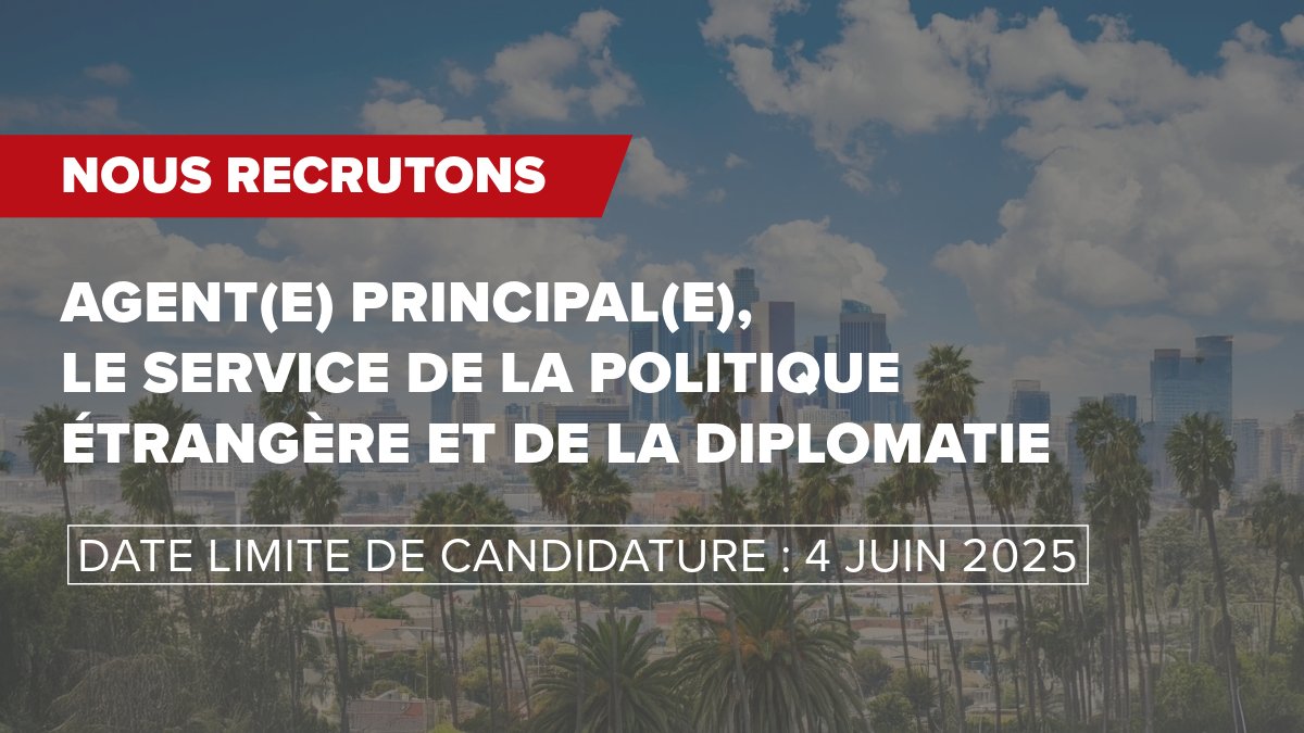 Nous embauchons !
 
Venez rejoindre notre équipe dynamique au Consulat général du Canada à Los Angeles ! Un poste d’agent(e) principal(e) du Service de la politique étrangère et de la diplomatie est disponible. 

Postulez ici : dotation-erp.international.gc.ca/fr/carrieres/a…