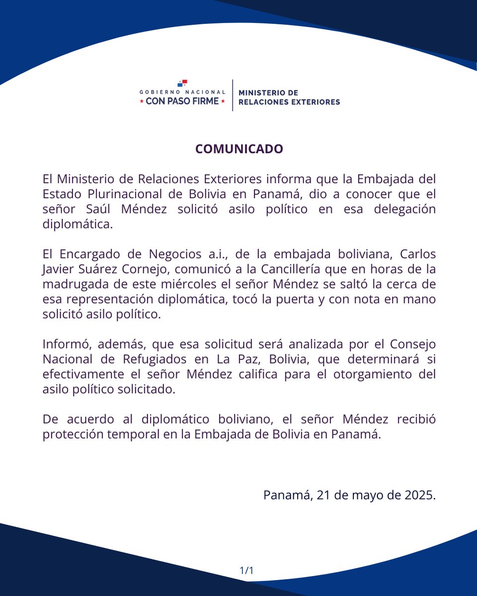 #EsNoticia🔴La <a href="/CancilleriaPma/">Cancillería de Panamá</a> se pronunció sobre el caso de asilo del dirigente del <a href="/SuntracsPanama/">Suntracs Panama ⚒</a>,  Saúl Méndez. "El señor Méndez se saltó la cerca de esa representación diplomática, tocó la puerta y con nota en mano solicitó asilo político", detalló la Cancillería.
