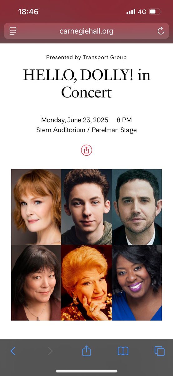 Stellar line-up for Hello, Dolly! one night concert at Carnegie Hall.  Judging by the cast list different performers will share songs usually sung by one role.  I presume Kate Baldwin will sing Ribbons Down My Back.  Also great that 97 year old Marilyn Maye is appearing.