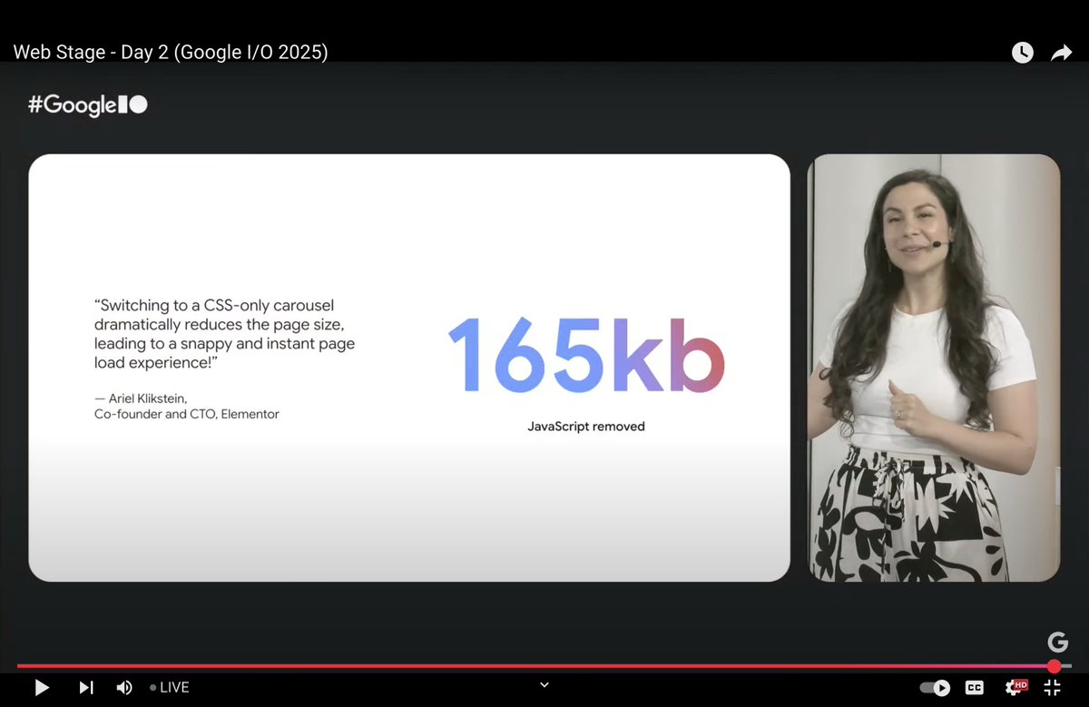 Just demoed at Google I/O:

Elementor teamed up with Google to implement a CSS-only carousel for our popular page builder using the new UI Element API — no JS needed:

📉Dramatically smaller page size
🚀 More performant
🧏‍♂️ Accessible without workarounds

Try it: