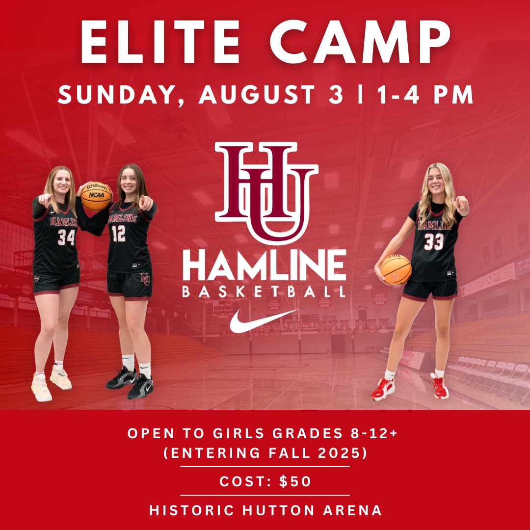 Hamline WBB (@hamlinewbb) on Twitter photo 🚨 2025 ELITE CAMP INFO 👀
📍Hosted at Historic Hutton Arena
🏀 Grades 8-12+ (Fall 2025)
✅ Get registered today! ⬇️
bit.ly/4kzOND7
<a href="/MasonHAsher/">Mason Asher</a> <a href="/EricJrAllStar/">EricJrAllStar</a>
<a href="/FiveStateHoops/">Chuck Thompson</a> <a href="/GMacHoops/">Grant McGinnis</a> 🚨 2025 ELITE CAMP INFO 👀
📍Hosted at Historic Hutton Arena
🏀 Grades 8-12+ (Fall 2025)
✅ Get registered today! ⬇️
bit.ly/4kzOND7
<a href="/MasonHAsher/">Mason Asher</a> <a href="/EricJrAllStar/">EricJrAllStar</a>
<a href="/FiveStateHoops/">Chuck Thompson</a> <a href="/GMacHoops/">Grant McGinnis</a>