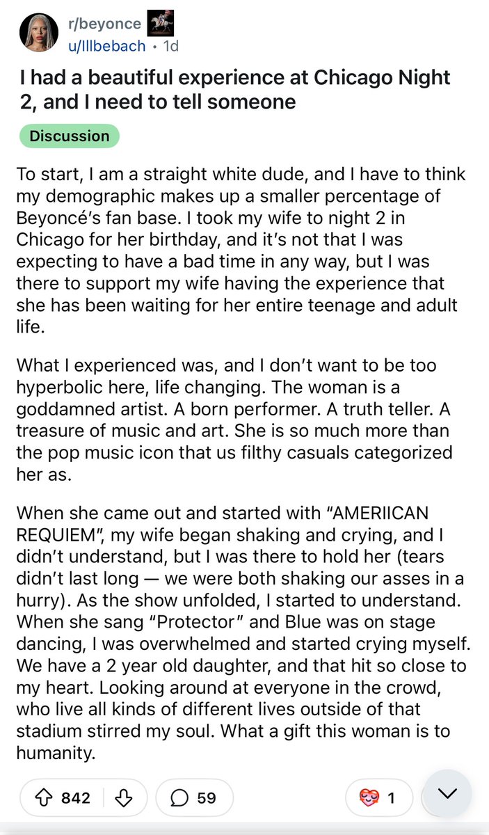 This Reddit post of a straight white guy talking about his experience at Beyoncé’s COWBOY CARTER Tour😭

#CowboyCarterTour