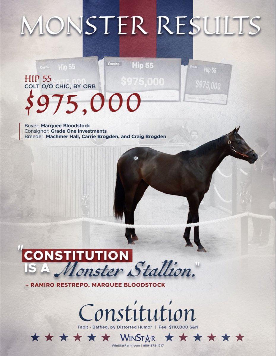 TDN (@thetdn) on Twitter photo Monster results for <a href="/WinStarFarm/">WinStar Farm</a> stallion CONSTITUTION at #FasigMD 🇺🇸 A colt o/o Chic (Hip 55) sells for $975,000 to <a href="/MarqueeAgency/">Marquee Bloodstock Agency</a>. Monster results for <a href="/WinStarFarm/">WinStar Farm</a> stallion CONSTITUTION at #FasigMD 🇺🇸 A colt o/o Chic (Hip 55) sells for $975,000 to <a href="/MarqueeAgency/">Marquee Bloodstock Agency</a>.