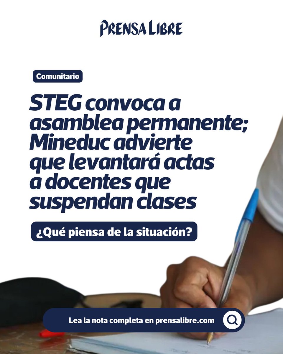 📚 ¿Qué piensa de la situación?

El Sindicato de Trabajadores de la Educación de Guatemala (#STEG) convocó a asamblea permanente en todo el país, mientras el #MinisterioDeEducación indicó que levantará actas a los docentes que suspendan clases.👀

👉 Lea la nota completa en el