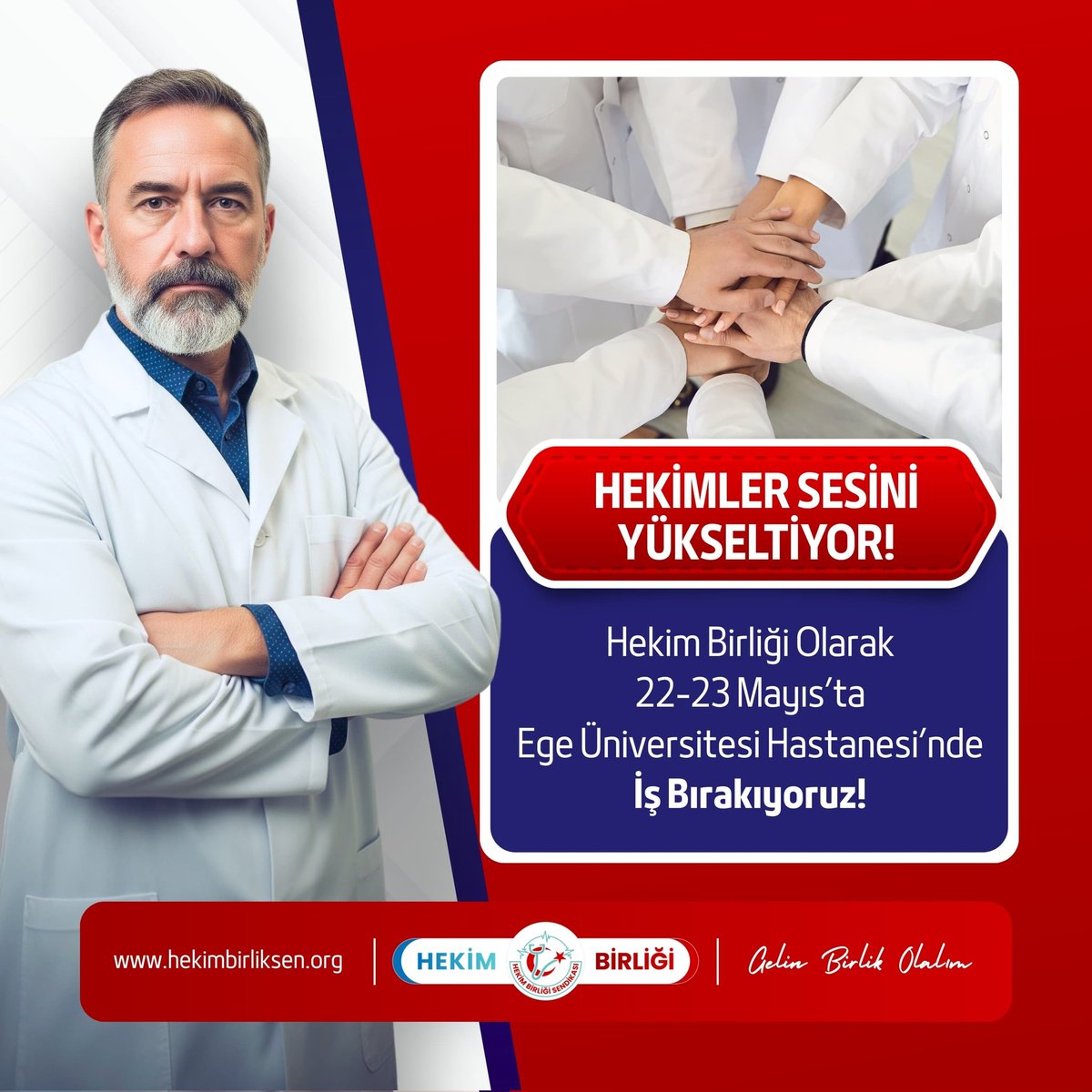 HEKİMLER SESİNİ YÜKSELTİYOR!

Hekim Birliği Olarak 22-23 Mayıs’ta Ege Üniversitesi Hastanesi’nde İş Bırakıyoruz!

Ege Üniversitesi Hastanesi Sağlık Uygulama ve Araştırma Merkezi’nde görev yapan hekimler ve sağlık profesyonelleri;
• Adaletsiz ve yetersiz teşvik ödemeleri,
•