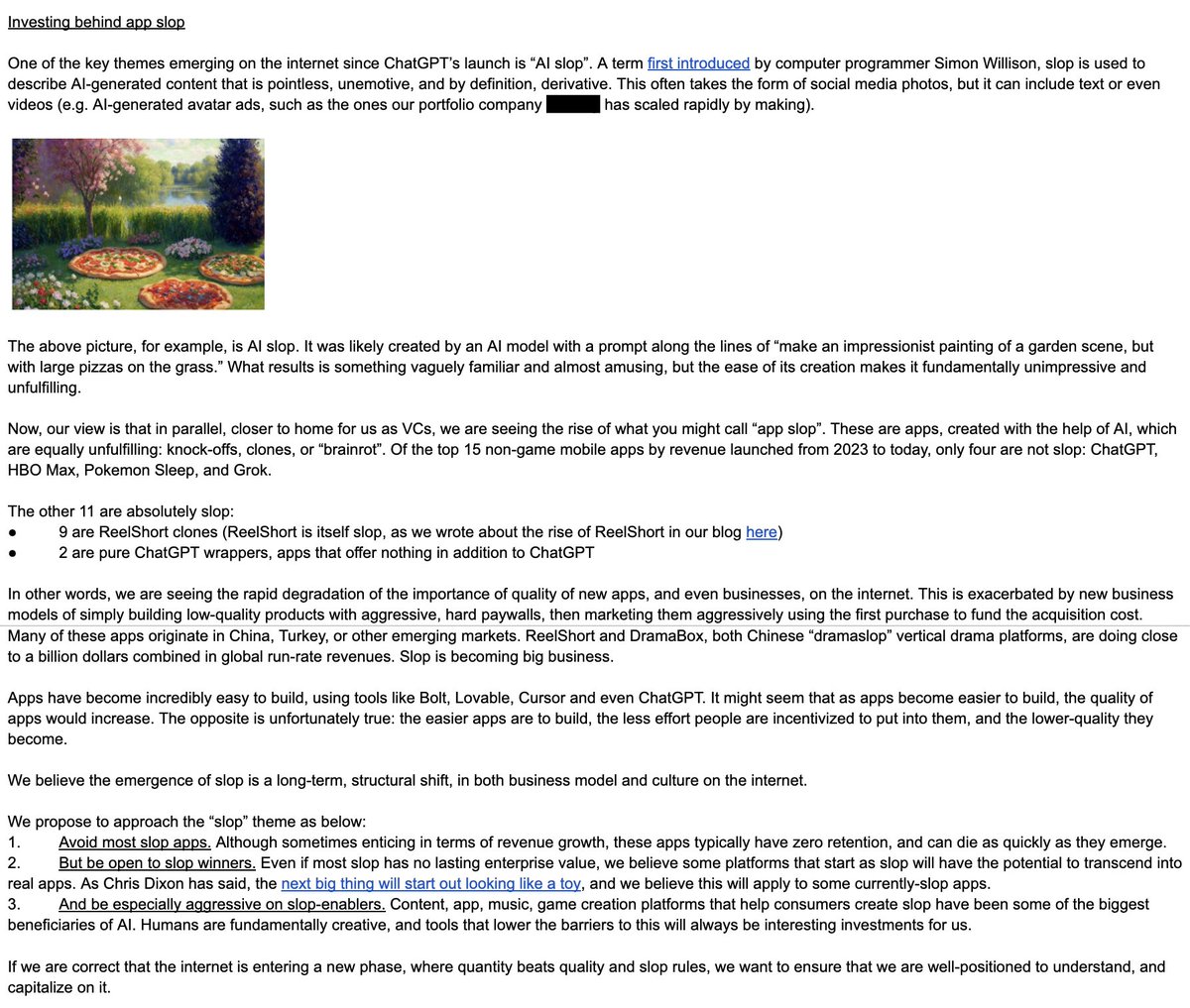 From our note to LPs yesterday on "app slop":

"It might seem that as apps become easier to build, the quality of apps would increase. The opposite is true: the easier apps are to build, the less effort people are incentivized to put into them, and the lower-quality they become."
