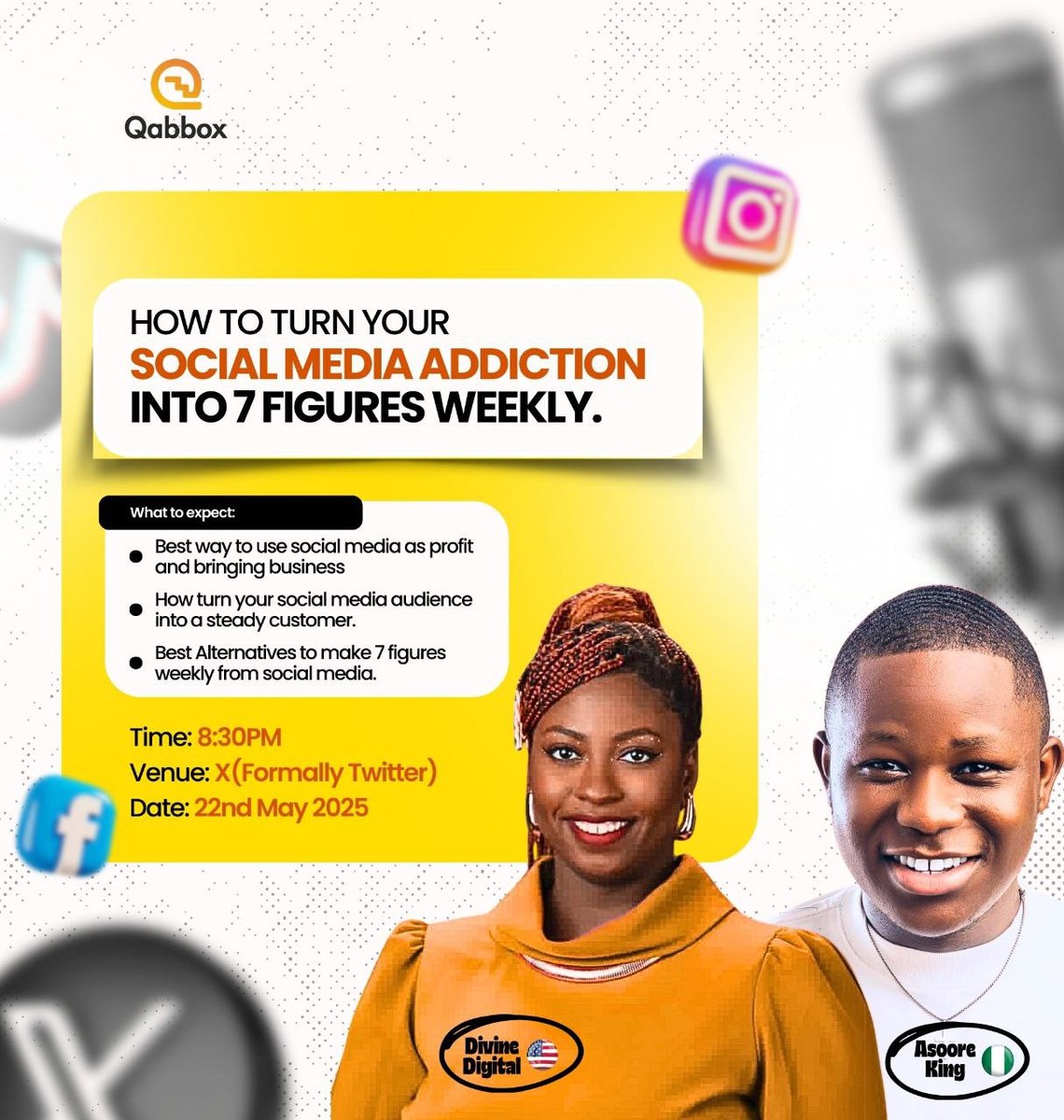 If you never made any $$ from social media. It's another opportunity for you to turn every scroll into profits and steady cash.

 8:30PM/Tomorrow <a href="/divine_digital0/">Allyah Allen</a> &amp; <a href="/Asooreking/">Asoore king</a> will tell us the secrets on how to turn social media additions to 7 figure weekly.

Turn on your 🔔