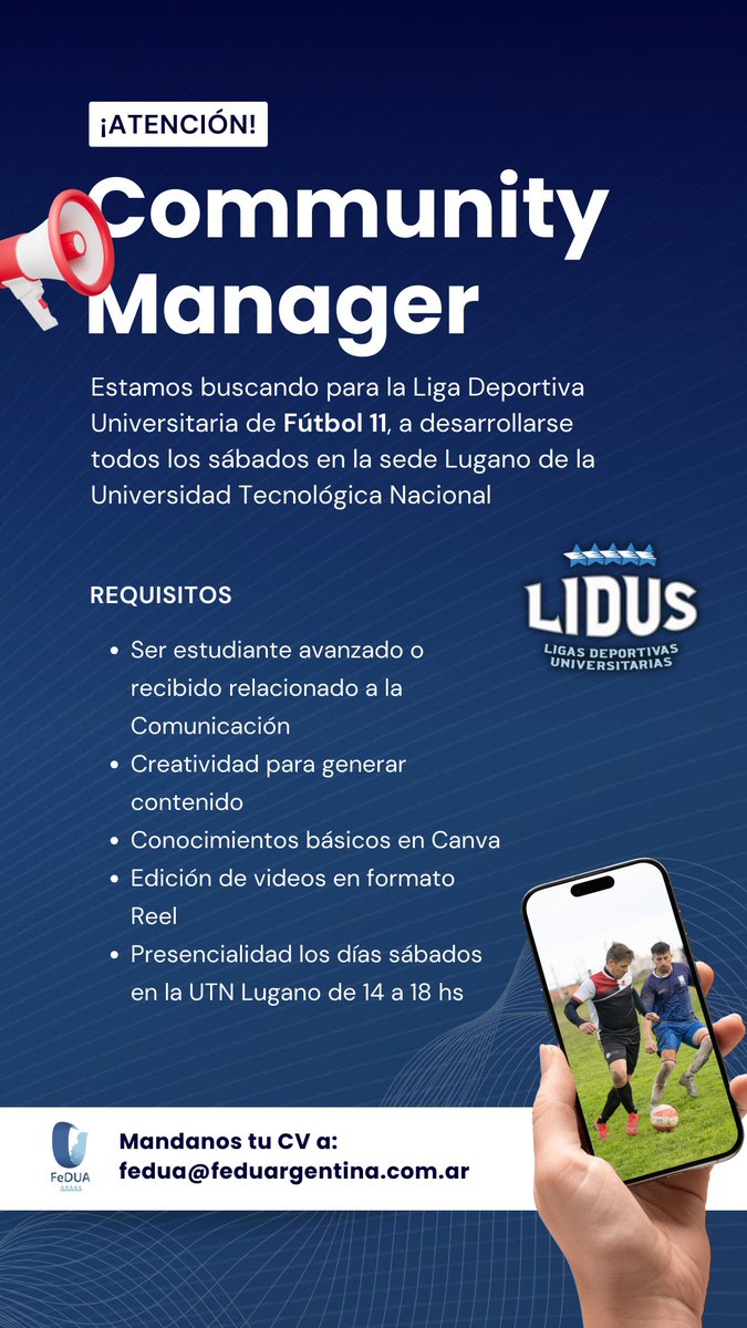 FeDUArgentina's tweet photo. ¡Buscamos Community Manager! 📲

⚽️ #LIDUS2025 de Fútbol 11
🤝🏼 Creación de contenido, edición de videos formato Reel
✔️ Conocimiento básico de Canva
📍 Presencialidad los días sábados

📩 Mandanos tu CV a fedua@feduargentina.com.ar https://t.co/CEOwJi8kUu