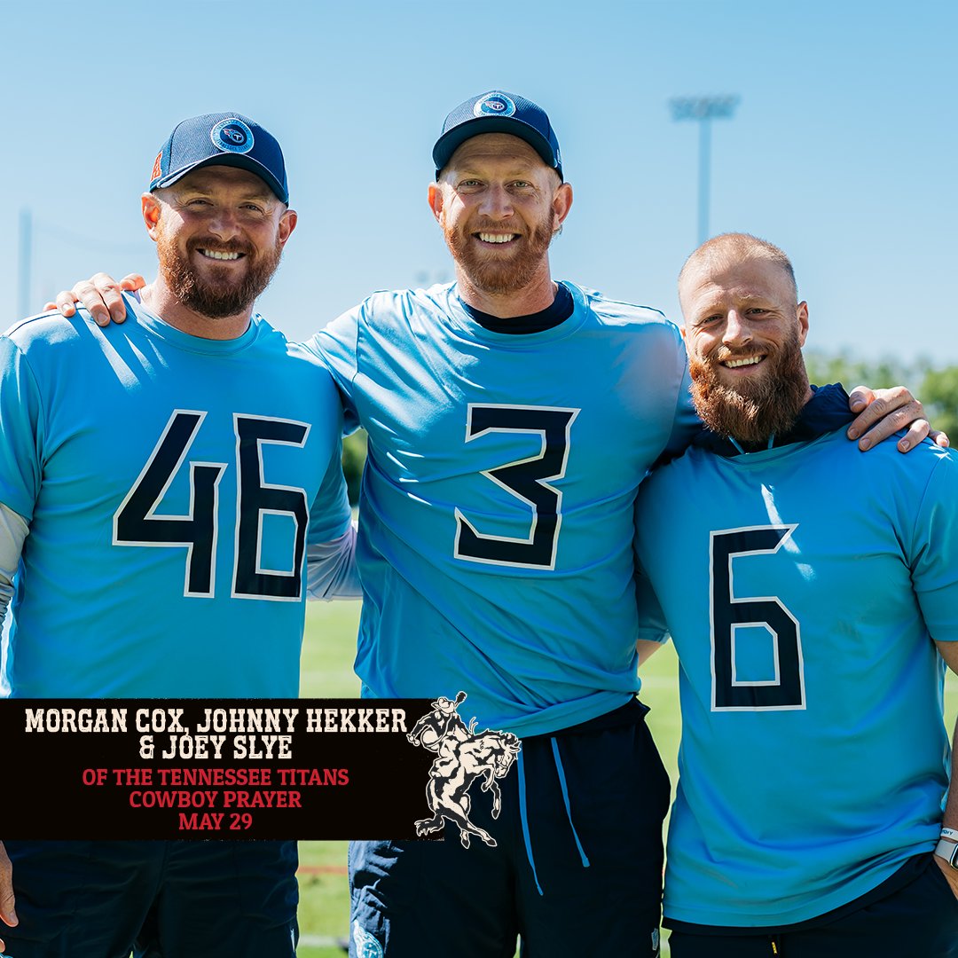 Music City Rodeo (@musiccityrodeo_) on Twitter photo We're so excited to welcome <a href="/Titans/">Tennessee Titans</a> players <a href="/morgancox46/">Morgan Cox</a>, <a href="/JHekker/">Johnny Hekker</a> and Joey Slye to the dirt to lead our cowboy prayer on May 30th! We're so excited to welcome <a href="/Titans/">Tennessee Titans</a> players <a href="/morgancox46/">Morgan Cox</a>, <a href="/JHekker/">Johnny Hekker</a> and Joey Slye to the dirt to lead our cowboy prayer on May 30th!