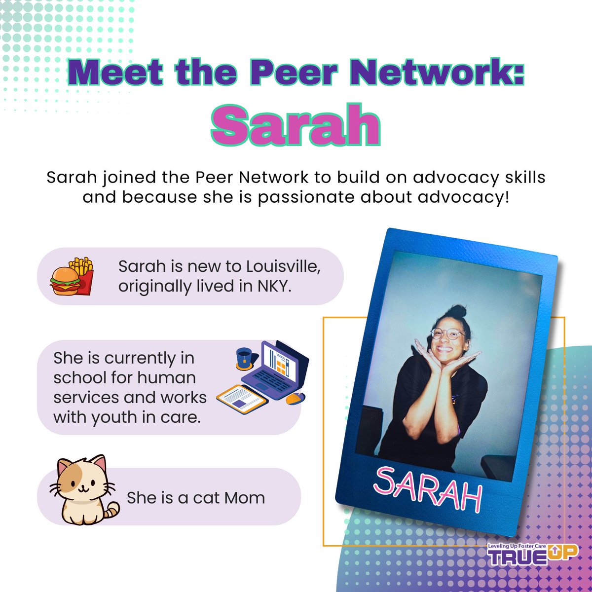 Say hello to Sarah! Fueled by her passion for advocacy and youth empowerment, Sarah is making waves in our community. Discover more about our Peer Network and Sarah's efforts here: trueupky.org/peer-network/