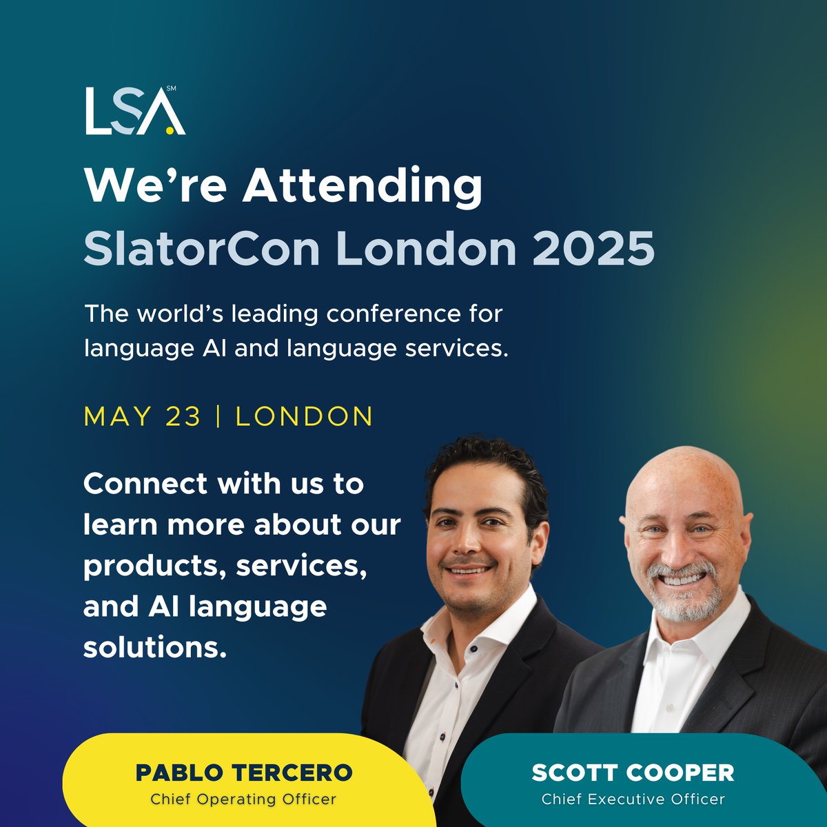 LSAWeb's tweet image. Are you attending #SlatorCon 2025 in London? Let’s talk about the impact of #AI on the evolving language services landscape, what drives language technology, and how we can support your language needs.
 
#Localization #LanguageServices #LanguageAI