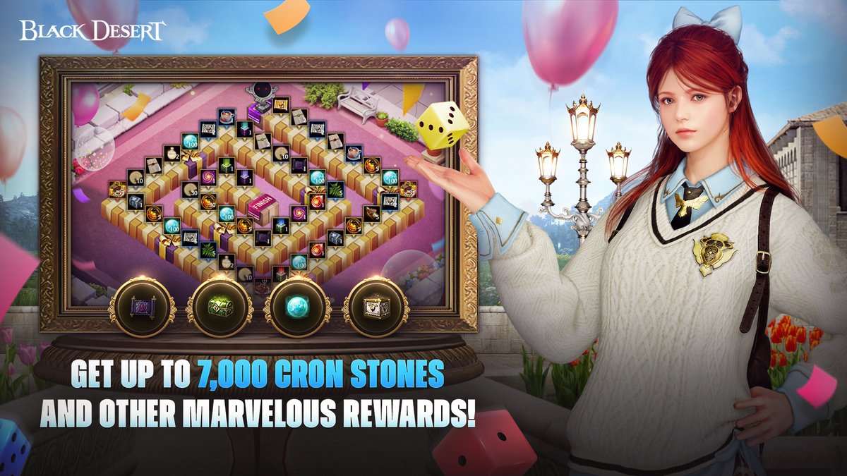 The Festival Black Spirit Adventure is here! 🥳

YOUR dice. YOUR choice. 
So many rewards to choose from! What's the move? 🎲

📜 Advice of Valks (+200)
🎁 Choose your Endless Journey Box
💎 Cron Stones (up to 7,000)
👔[Event] Thankful Premium Outfit Box
...and so much more!