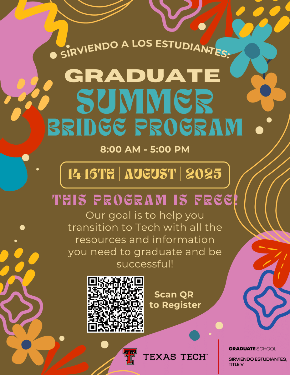 Are you an incoming domestic Graduate Student  looking for guidance as you start your graduate journey?
The Graduate Summer Bridge Program might be the perfect opportunity for you!

Scan the QR code or visit  forms.office.com/Pages/Response… for more information and to apply.