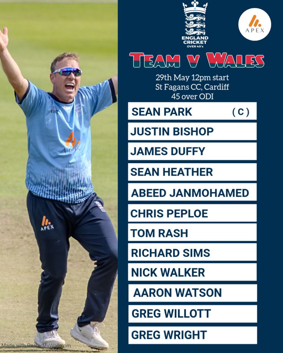 England Over 40s Cricket (@eng40scricket) on Twitter photo Team to play <a href="/walesover40s/">Wales Over 40s Cricket</a> in our season opener ODI at <a href="/StFagansCricket/">St Fagans Cricket Club 🦌🏏</a> on 29th May.
Thanks to all our sponsors
<a href="/ApexGlobalGroup/">Apex Group</a> <a href="/Gentlemenplayer/">Gentlemen & Players</a> <a href="/TTMSportsTours/">Team Travel Management</a> <a href="/DeLonghiUK/">Delonghi</a>
<a href="/Over50sC/">International Masters Cricket</a> <a href="/CountiesEngland/">England 50+ Cricket</a> Team to play <a href="/walesover40s/">Wales Over 40s Cricket</a> in our season opener ODI at <a href="/StFagansCricket/">St Fagans Cricket Club 🦌🏏</a> on 29th May.
Thanks to all our sponsors
<a href="/ApexGlobalGroup/">Apex Group</a> <a href="/Gentlemenplayer/">Gentlemen & Players</a> <a href="/TTMSportsTours/">Team Travel Management</a> <a href="/DeLonghiUK/">Delonghi</a>
<a href="/Over50sC/">International Masters Cricket</a> <a href="/CountiesEngland/">England 50+ Cricket</a>