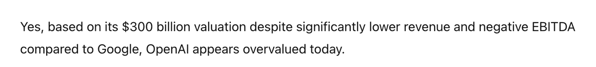 VinIyengar's tweet image. ChatGPT's analysis on whether OpenAI is overvalued today, especially compared to Google's financial profile.