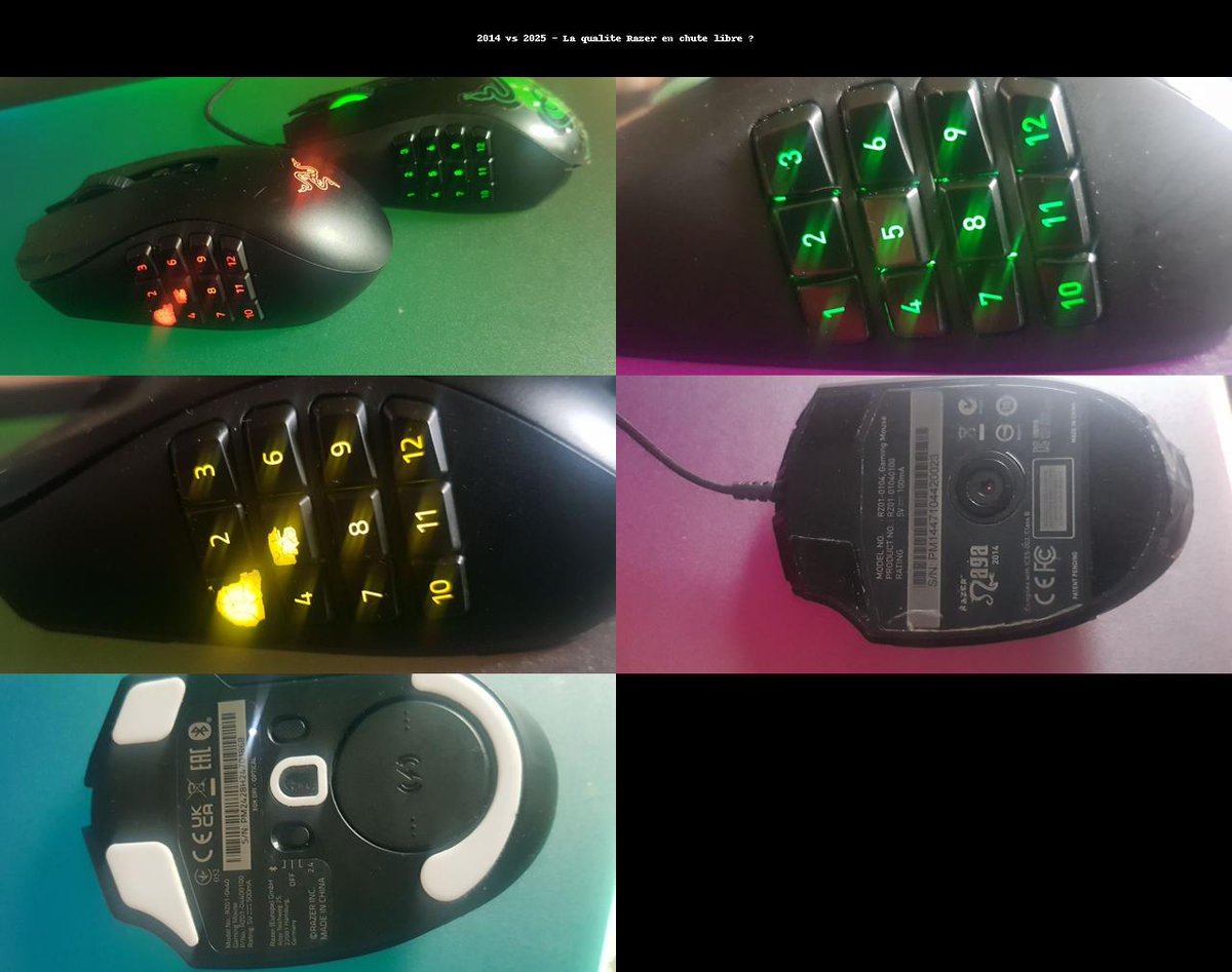 _0V3R_'s tweet photo. 2014 vs 2025 – Qualité Razer en chute libre ?
🔹 Naga 2014 : intacte après 10 ans
🔸 Naga récente : usée en <6 mois
La légende de la durabilité s'efface… comme les touches.
@Razer, c’est quoi cette régression ?
#Gaming #Razer #Obsolescence https://t.co/vC1tFOzph2