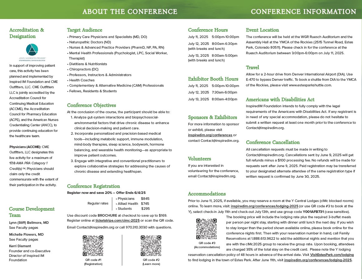 InspiredIMF's tweet image. 📢 Big news! The official cIMc 2025 Brochure is out and tickets are selling fast! Don't miss your chance to be part of it.
Ready to learn more and secure your spot? Visit the link in our bio!
#CME #MedicalConference #cIMc2025 #EstesPark #IntegrativeMedicine #LifestyleMedicine