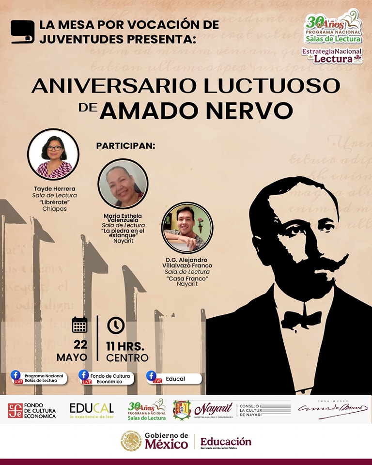 libreriaseducal (@libreriaseducal) on Twitter photo La mesa por Vocación de Juventudes presenta...
Aniversario Luctuoso de Amado Nervo, alma sensible, poeta del amor, la fe y el destino.
Mañana jueves 22 de mayo, 11 horas
Transmisión en vivo desde nuestras redes sociales, <a href="/FCEMexico/">Fondo de Cultura Económica</a> y <a href="/Salasdelectura/">Salas de Lectura</a>.
#RepúblicaLectora La mesa por Vocación de Juventudes presenta...
Aniversario Luctuoso de Amado Nervo, alma sensible, poeta del amor, la fe y el destino.
Mañana jueves 22 de mayo, 11 horas
Transmisión en vivo desde nuestras redes sociales, <a href="/FCEMexico/">Fondo de Cultura Económica</a> y <a href="/Salasdelectura/">Salas de Lectura</a>.
#RepúblicaLectora