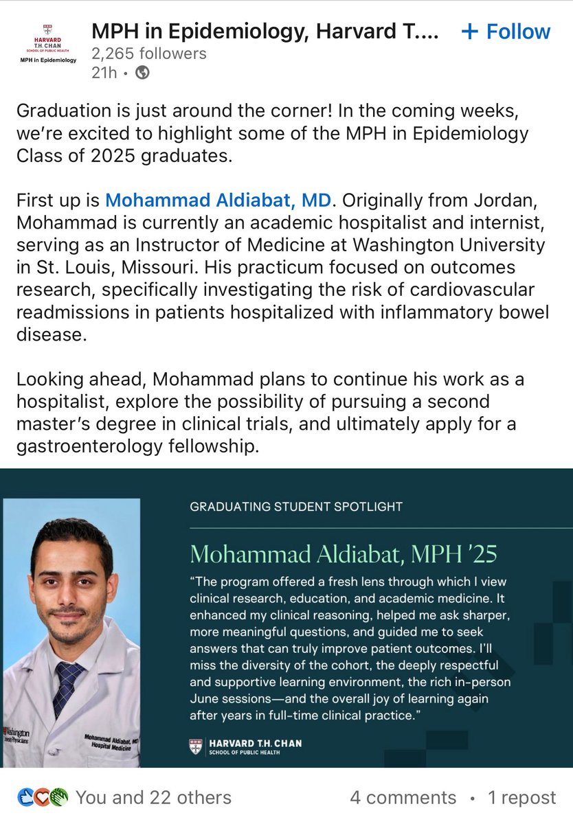 Mohammad Aldiabat, MD (@drdiabat) on Twitter photo NYC ↔️ Boston ↔️ St. Louis
From the wards 🏥 to the classroom 📚 —Back and forth, but always forward! 💥
Grateful for 2 years of growth and learning 🙏
Thanks <a href="/HarvardChanSPH/">Harvard T.H. Chan School of Public Health</a> <a href="/HarvardEpi/">Harvard Epidemiology</a> <a href="/Harvard/">Harvard University</a> for sharing a piece of the journey 🎓 📜 🌟 NYC ↔️ Boston ↔️ St. Louis
From the wards 🏥 to the classroom 📚 —Back and forth, but always forward! 💥
Grateful for 2 years of growth and learning 🙏
Thanks <a href="/HarvardChanSPH/">Harvard T.H. Chan School of Public Health</a> <a href="/HarvardEpi/">Harvard Epidemiology</a> <a href="/Harvard/">Harvard University</a> for sharing a piece of the journey 🎓 📜 🌟