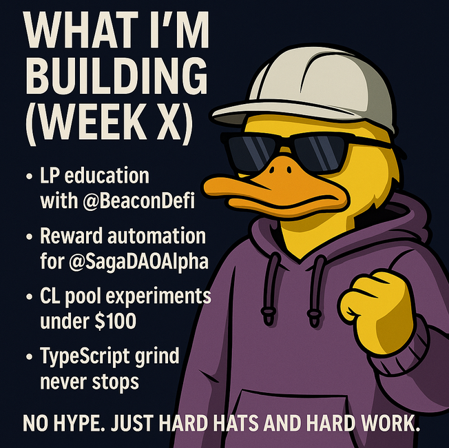 RoughYield96866's tweet photo. What I’m Building (Week X)
From 16-hr shifts in the oil patch to DeFi systems with grit:
• LP edu w/ @BeaconDeFi
• Reward automation for @SagaDaoAlpha
• CL pool tests (<$100)
• TypeScript grind stays on
No hype. Just hard hats & hard work.
#WhatImBuilding #DeFiMinnow https://t.co/EyJDS7jB0z