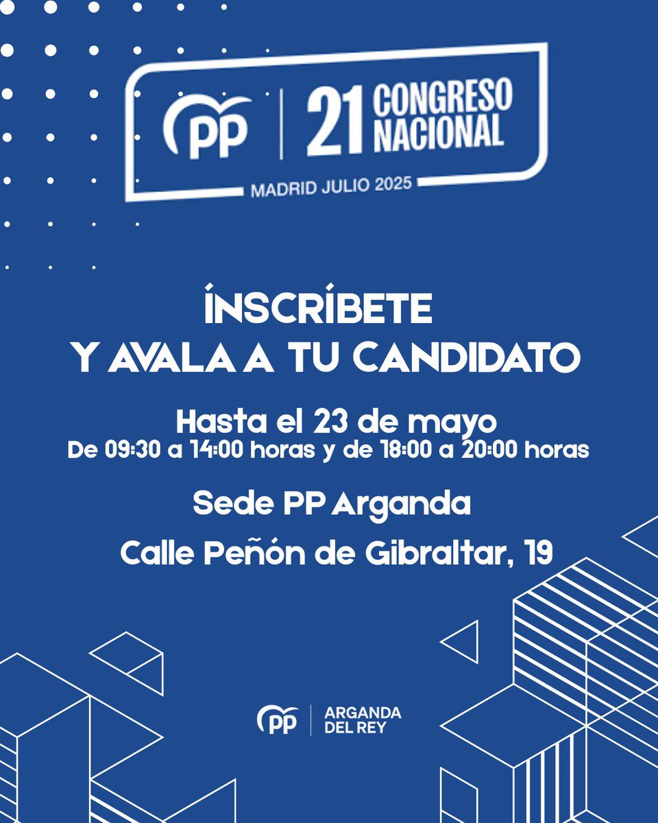 pparganda's tweet photo. 📝 Abierto el plazo para inscribirte en el 21 Congreso Nacional del Partido Popular que tendrá lugar en Madrid el próximo julio.

Ven a nuestra sede y firma el aval de los futuros candidatos.

📍C/ Peñón de Gibraltar, 19
⏰ 09:30-14:00 y 18:00-20:00 horas
🗓️ Hasta el 23 de mayo https://t.co/Pbh1Ebas6M