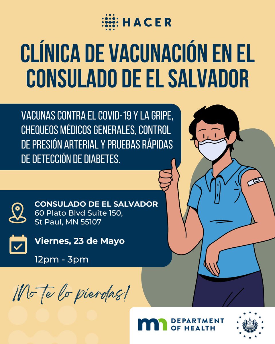 😷 Clínica de Vacunación / Vaccine Clinic

🗓️ Viernes, 23 de Mayo / Friday, May 23
⏰ 12pm - 3pm

☎️ Llámanos para hacer una cita / Or call us to schedule your appointment: 651-304-6145