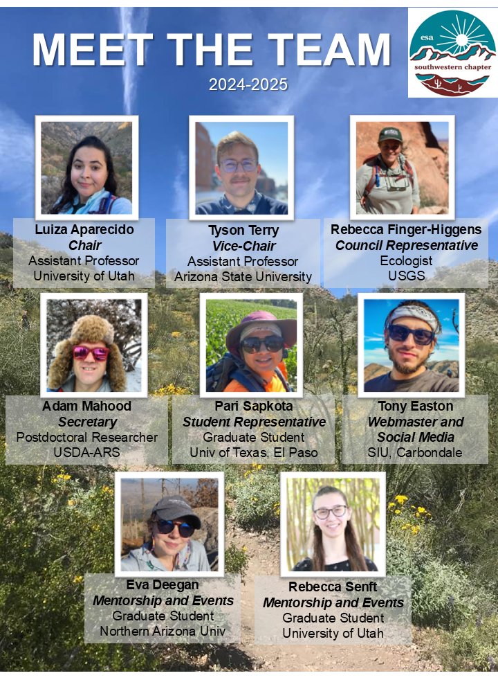ESA_SW's tweet image. Meet the 2025 team for the  ESA Southwest Chapter! We&apos;re super excited to serve in any way we can! 
Feel free to send any questions you may have on this year&apos;s #ESA2025 meeting in #Baltimore August 10th-15th!   Stay tuned for introduction posts of each of our new leaders!