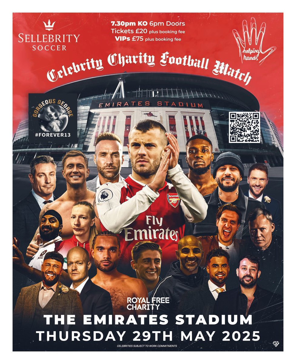 clivepafc's tweet photo. Celebrity charity football match at Emirates Stadium - Thursday May 29th 

Will be a great evening. 

Raising funds for The Royal Free Charity’s Helping Hands &amp; Gorgeous George Forever 13

See link for Tickets:

https://t.co/vrjauzsvho https://t.co/LC8kLA12Ge