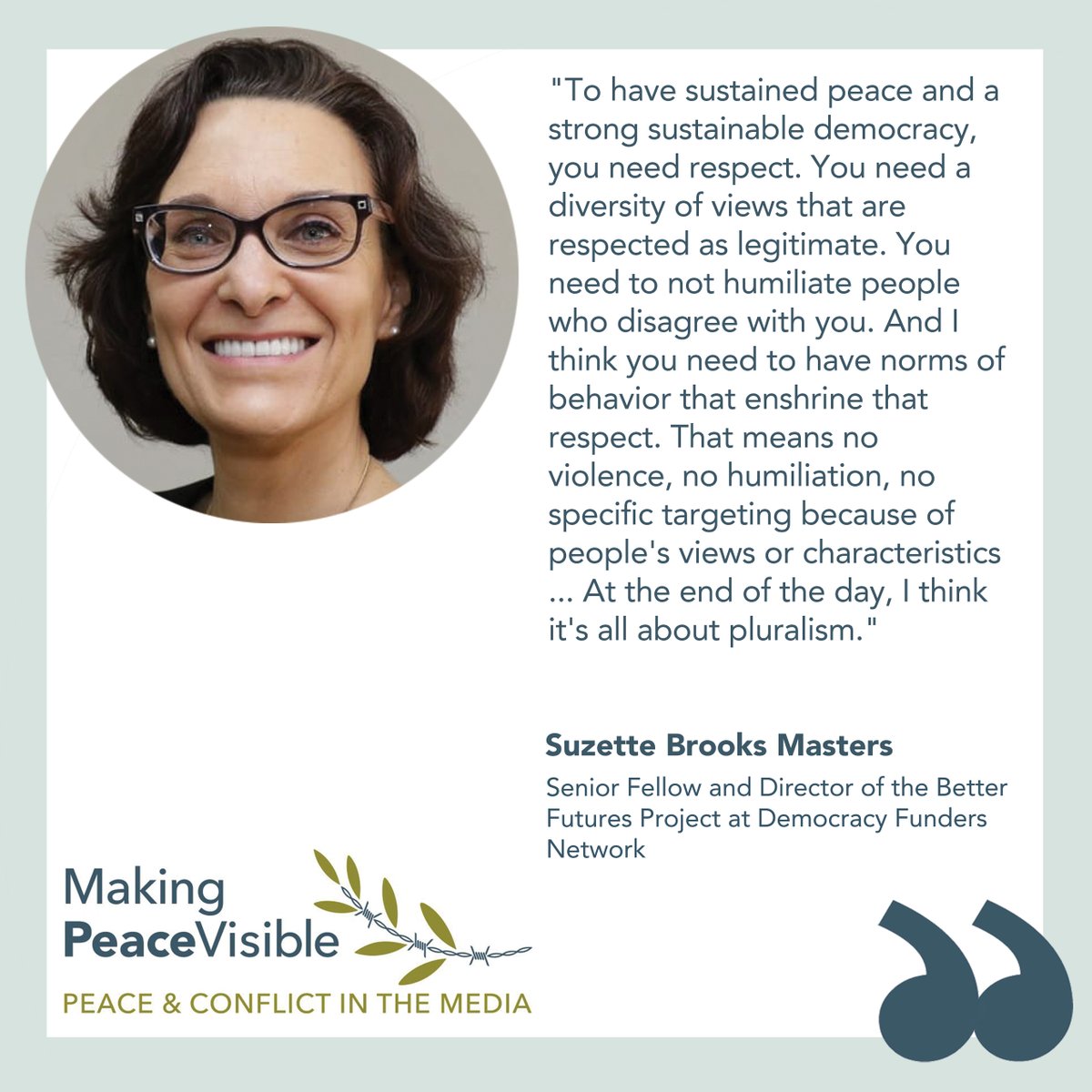 Making Peace Visible (@makingpeaceviz) on Twitter photo NEW EPISODE | Political strategist and thought leader <a href="/SuzetteMasters/">Suzette Brooks Masters</a> says that for American democracy to thrive, it's not enough to defend the existing system against attack. 🎧Hear her compelling research on how we can invigorate democratic practice 👉 tinyurl.com/455fjt8d NEW EPISODE | Political strategist and thought leader <a href="/SuzetteMasters/">Suzette Brooks Masters</a> says that for American democracy to thrive, it's not enough to defend the existing system against attack. 🎧Hear her compelling research on how we can invigorate democratic practice 👉 tinyurl.com/455fjt8d