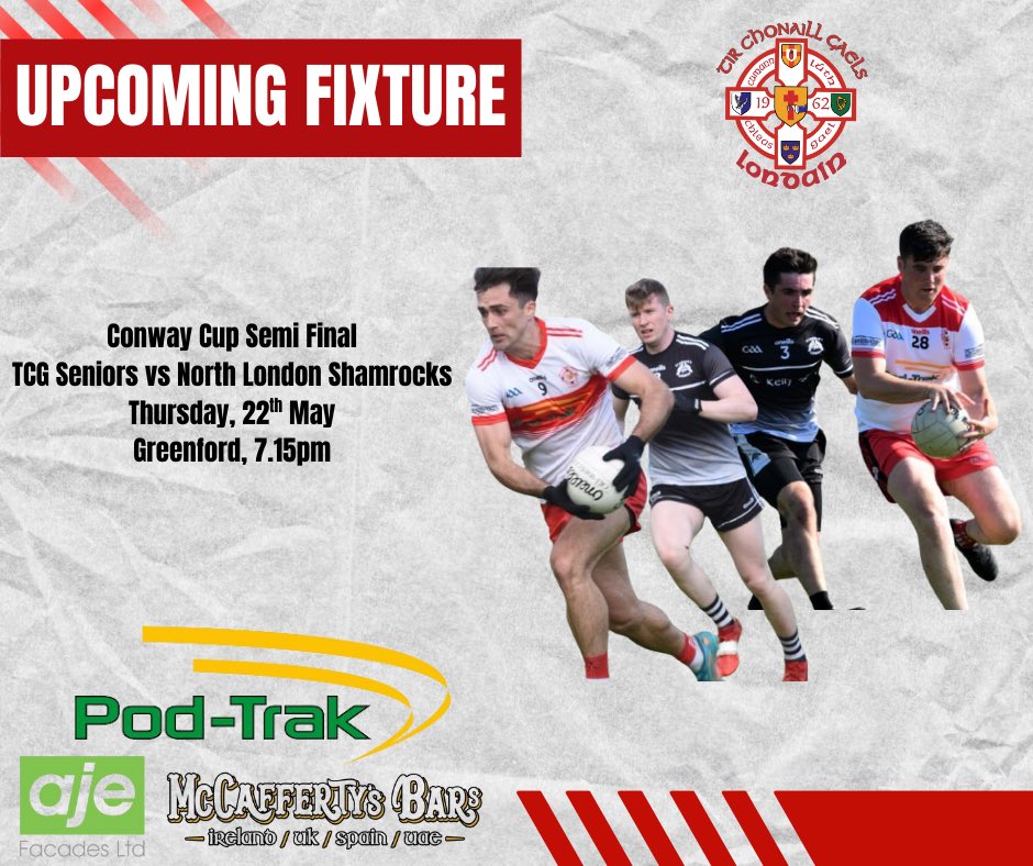 Next up for our Senior squad is North London Shamrocks in the Conway Cup Semi Final tomorrow evening in Greenford!

Best of luck to the lads and their management team!

#TCGAbú⚪️🔴